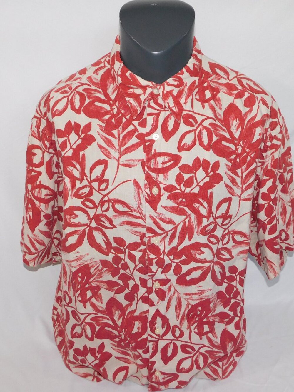 Eddie Bauer Linen Tropical Hawaiian Red Tan SS button Front Shirt Mens XL